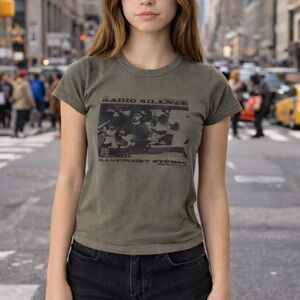 Brandy Melville Army Green Short Sleeve Tee with Radio Silence Graphic Print